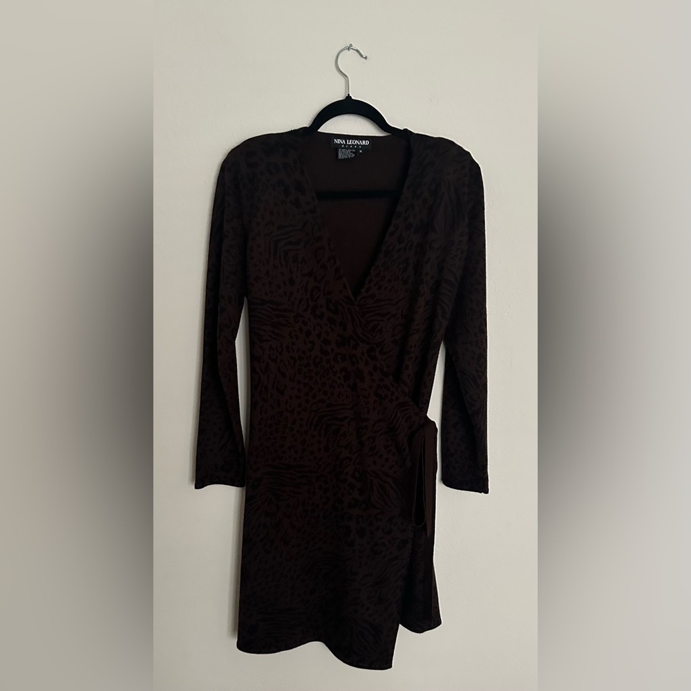 Nina Leonard Chocolate Animal Print Long Sleeve Dress - Picture 3 of 9